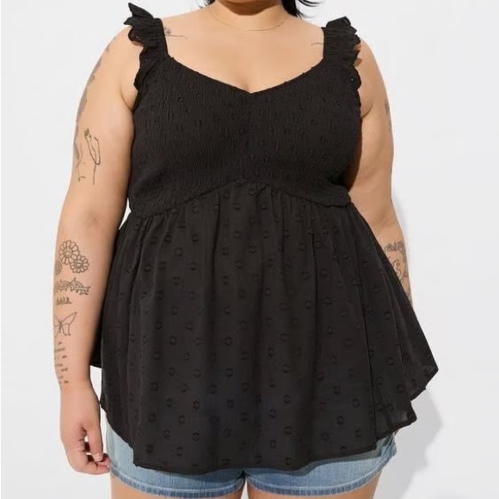 Torrid Black Babydoll Cotton Clip Dot Smocked Bodice Tank